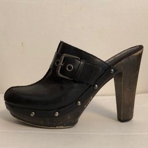 Black Leather Heeled Mules